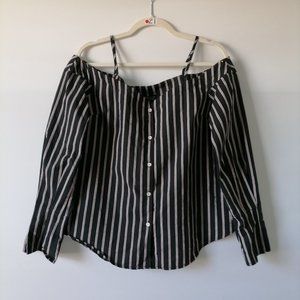 Topshop Womens Black Long Sleeve Off Shoulder Striped Blouse Shirt Top Size 8